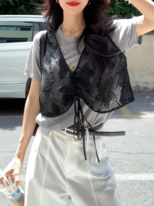 Shalldoer | Fashionable Spliced Mesh Knitwear Womens Summer Unique Exquisite Versatile Top Layered Design Short Sleeve Round Neck Tunic