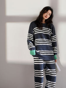 New Half Velvet Autumn Winter Striped Student Girls Outwear-able Pajamas