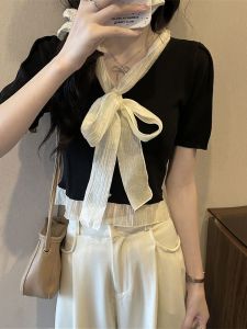 Summer New Style French Small Fragrance Wind Butterfly Knot V-neck Short Sleeve Womens T-shirt with Lace Hemline Versatile Trendy Top