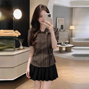 Áo Sơ Mi Ngắn Tay Có Sọc Nâu Phong Cách Vintage Mới Cho Nữ Mùa Hè Size Lớn Chất Lượng Cao