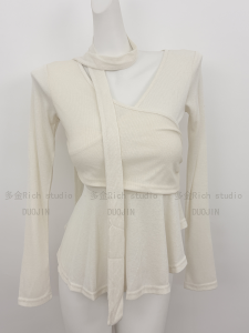 Spicy Girl Asymmetrical Design Long Sleeve T-Shirt Womens Autumn New Style Elegantly Slimming Top with Sash V-Neck Casual Wear