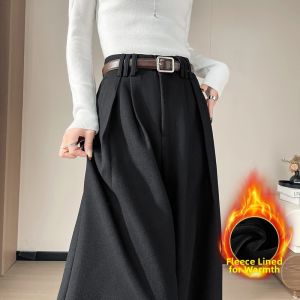 La Chapelle | Fleece Herringbone Wool Trousers High Waist Pleated Straight Leg