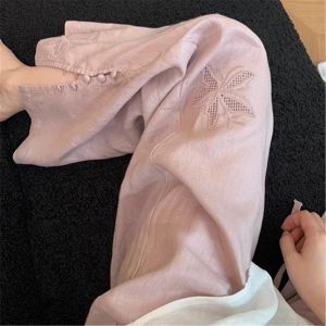 QIAONIAOGE | Pink Sweet Hollow Out Linen Wide Leg Pants Women Summer Thin Embroidered Small Size Cotton Linen Trousers High Waist Long Pants