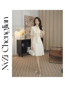 Elegant Soft Pink Chypre Style Dress with Ribbon And Butterfly Knot for Women High Waist A-Line Skirt Casual Summer Dress