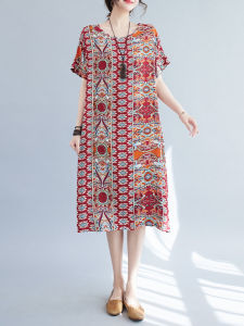 Retro Cotton Silk Dress for Women Loose Fit Midi Length with Printed Pattern Summer Crewneck Pullover Skirt