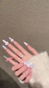 10pcs Handmade Fake Nails Fine Dog Pointed Type Pink-Purple Gradient Bow Press On Nails False Nails Cute and Cute Dog Design