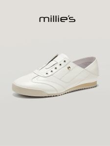 MILLIES Genuine Leather Slip-On Flat Bottom Comfortable Womens Shoes Fashion Casual Sporty Style Deep Mouth Rubber Sole
