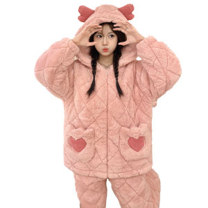 Bộ Đồ Ngủ Bằng Vải Nhung Coral Fleece Dày Dặn Mùa Thu Đông Cho Nữ Quần Dài Áo Cardigan Quần Áo Mặc Nhà Thoải Mái