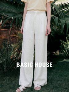 Basic House | White Linen Lace Hem High Waist Wide Leg Trousers