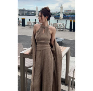 YUEZHONGWEI | Korean Spring Match 3-Piece Set Mid-long Cardigan Halter Lace-Up Top Wide Leg Pants