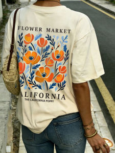 New Stylish Design California Floral Printed Tshirt Casual Round Neck Short Sleeve T-Shirt Fashionable & Versatile Women Top Tee