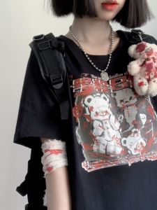 เสื้อยืดคอกลมแขนสั้นผ้าฝ้ายหลวมสไตล์ญี่ปุ่นสำหรับผู้หญิง ลายการ์ตูนสาวฮอต ฤดูร้อน 2022 เสื้อผ้าทำงานสไตล์ยุโรปและอเมริกัน