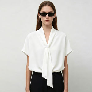 AMII | Spliced Satin Scarf Collar Loose Batwing Sleeve Blouse