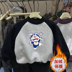 Fashionable Fleece-Lined Sweatshirt with Cartoon Dog Letter Print round Neck Color Block Design for Boys And Girls Kids Clothing