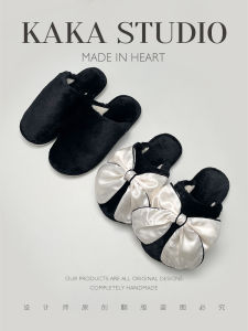 Dép Đi Trong Nhà Bằng Vải Nỉ Lót Lụa Đen Trắng Có Nơ Bướm Mùa Thu Đông Cho Cặp Đôi Dép Đi Trong Nhà Ấm Áp Bằng Cotton