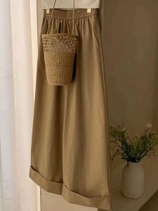 Summer 2025 High Waist Loose Fit Khaki Wide Leg Thin Casual Straight Leg Cuffed Long Pants Womens Fashion Commute Style
