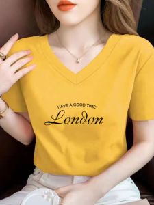 เสื้อยืดคอวีแขนสั้นผ้าฝ้ายแท้สำหรับผู้หญิงในช่วงฤดูร้อน เสื้อเชิ้ตทรงเข้ารูป แขนสั้น คอวี ทรงหลวม สไตล์เกาหลี ลำลอง ไซส์ใหญ่ ด้านใน