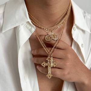 Salircon 6 Pcs/Set Hip Hop Punk Jesus Cross Pendant Necklace Women Men Trendy Gold Color Adjustable Clavicle Chain Jewelry Gift