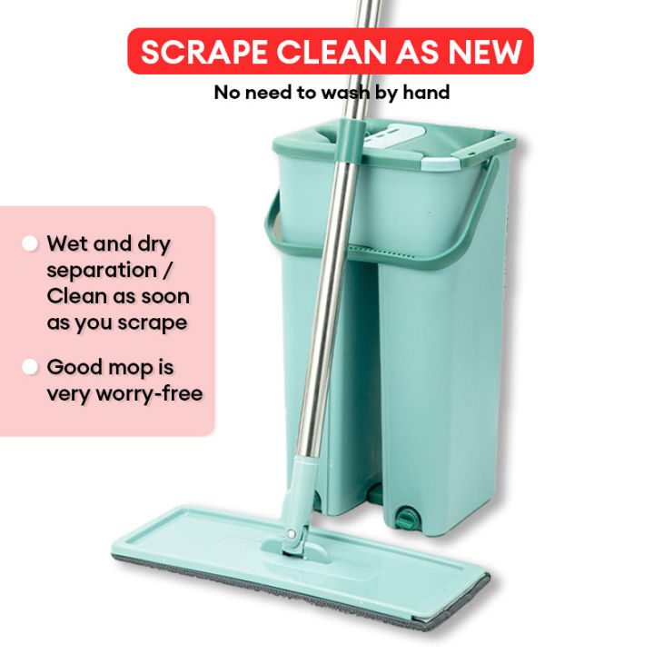 Floor cleaning flat mop with bucket microfiber pad mop squeegee hand free self cleaning mop