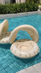 Phao bơi ghế ngồi cho bé chống lật Họa Tiết Hình Gấu có mái che chống nắng nhựa PVC loại dày PGN-GT