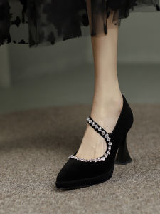 French Vintage Mary Jane High Heel Chunky Heel Rhinestone Single Shoes Fairy Style for Skirts Cat Heel Pointed Toe Hepburn Sandals