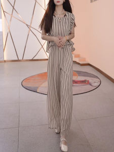 Shalldoer | Summer Stripe Loose Sleeveless Womens Set Casual Drapey Long Pants Two-Piece Ensemble Age-Defying Fashion Round Neck Top