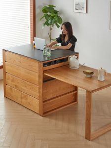 Small Apartment Living Room Simple Modern Solid Wood Cherrywood Stone Plate Open Mori Island Table Kitchen Cabinet Sideboard Cabinet Dining Table 1