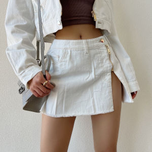 Liviahome Retro Zipper Denim Set Loose Versatile Short Jacket High Waist Slit Mini Skirt Street Style Loose Fit Long Sleeve