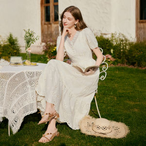 XIANGYING | French White V-Neck Lace Stitched Hollow Out Waist-Tying Dress