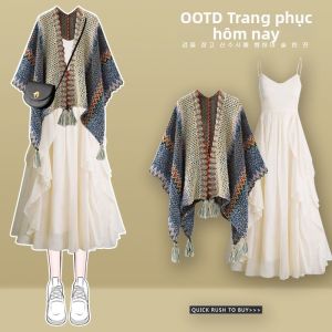 NUMEN BUTTON | Slimming Korean Ethnic Style Womens Spring Fall Business Travel 2PCs Dress Set