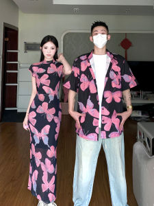 Retro Trendy Shirt Mens Short-Sleeved Summer New Chinese Butterfly Dress National Style Cheongsam Couple Dress One-Piece Dress