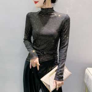 YIMEI 2023 Autumn New High Collar Fashionable Sequins Women's Dance Top & Slim Fit Plus Size Underlay Long Sleeve Sparkling T-shirt