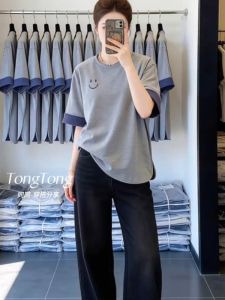 Color Blocking Embroidered Short Sleeve Slimming T-shirt