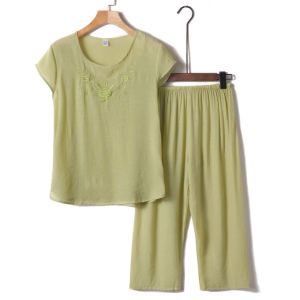 ผู้หญิงแขนสั้นฤดูร้อน Pijama ชุดขนาดใหญ่สบายเส้นใยโพลีเอสเตอร์ V คอเสื้อสวมหัวกลางกระโปรงยาวสบายๆใช้ในบ้าน