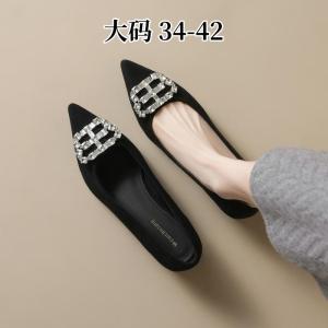 French Style Womens Low Cut Single Shoes Spring Autumn Velvet Sharp Head Rhinestone Thick Heel Black Large Size Shoes 41 to 43