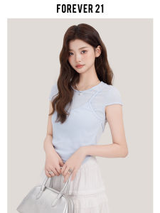 Forever21 Fresh Blue Fake Two-Piece Strappy T-shirt Womens Summer Korean Style Sweet Stylish Bandage Dress Short Top