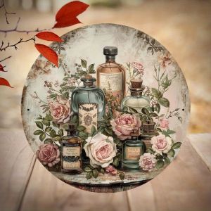 Potdemiel | Room Decor 1pc Vintage Perfume and Floral Design Round Iron Sign 7.87 Inch Durable Metal Wall Art Romantic Memories Decor for