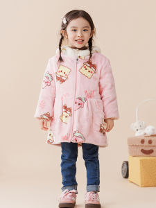 Adorable Korean Style Girls Fleece Long Sleeve Jacket Protective Zipper Cover up Baby Cotton Padded Outerwear Cartoon Print
