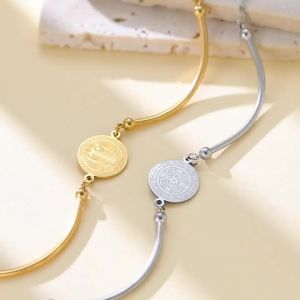 Double-sided Saint Benedict Exorcism Cross Charm Bracelet Women Men Adjustable Stainless Steel Gold Color Bangle Jewelry Gift