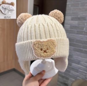 Baby Hat Cute Bear Knitted Earmuffs Hat Kids Winter Thicken Thermal Woolen Cap K-style Baby and Infants Cap