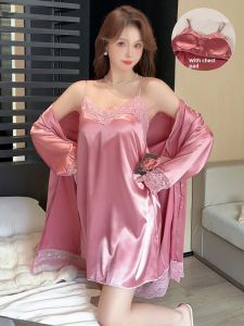 Womens Ice Silk Long Sleeve Sleepwear with Chest Pad Home Clothes Spring Autumn Two-Piece Set Nightgown Robe Youth Size