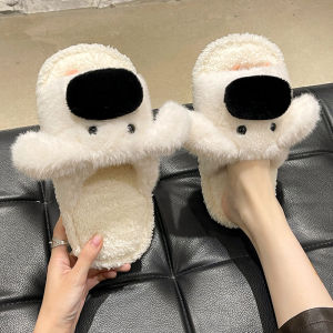 Fluffy Slippers Womens Autumn and Winter New Cute Cartoon Puppy Flats Non Slip Interior Home Word Cotton Slippers