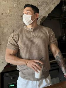 Summer Henry Collar Short Sleeve T-Shirt Mens Korean Style Slim Fit Striped Knitwear Casual Half Sleeve Top for Fitness