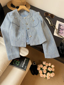 Elegant Blue Denim Short Coat Womens Spring Autumn 2025 New High-End round Neck Small Size Fashion Top Button Pocket Detail