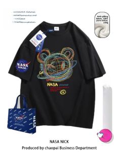 NASA Collaborative Summer Cartoon Graffiti Bear Print Short Sleeve Mens Loose Pure Cotton T-Shirt Couple Style Base Shirt