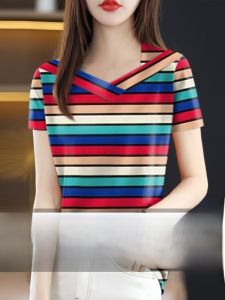 High-End Pure Cotton Printed Womens T-Shirt Summer V-Neck Short Sleeve Belly Covering Fashionable Casual Comfortable Top
