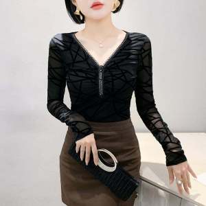 Áo Thun Nữ Dài Tay Cổ Chữ V Gợi Cảm Có Khóa Kéo Thời Trang Xuân Thu