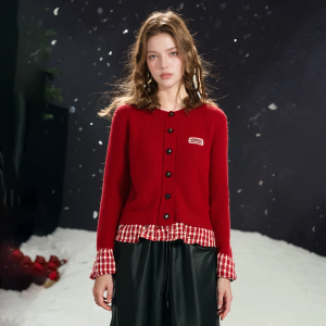 Christmas Red round Neck Long Sleeve Knitted Sweater with Plaid Lace Huaapuw Womens Fashion Sweet Style Slim Fit Winter New Arrival