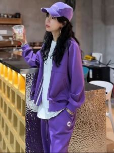 Casual Sportswear Set for Women High Waist Cuffed Pants Long Sleeve Short Cardigan Trendy Brand Two Piece Set Spring Autumn