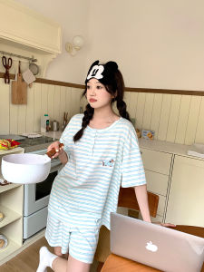 Summer Thin Short Sleeve Sleepwear Set for Women Comfortable Loose Home Clothes Dog Stripe Pattern Sweet Style Home Dress